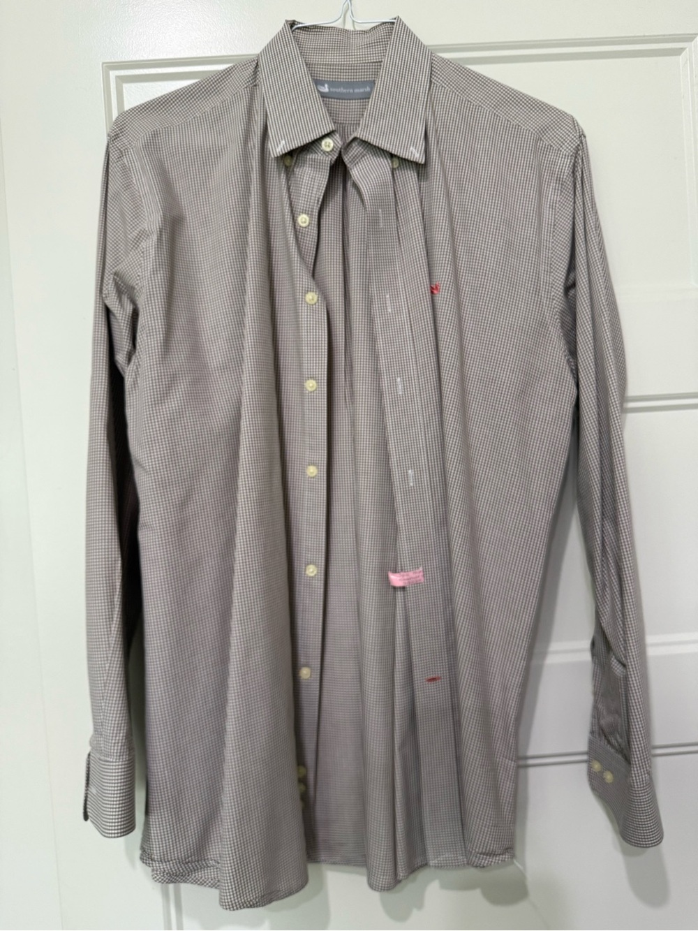 Southern Marsh Men's Small-Check Dress Shirt in Brown and White